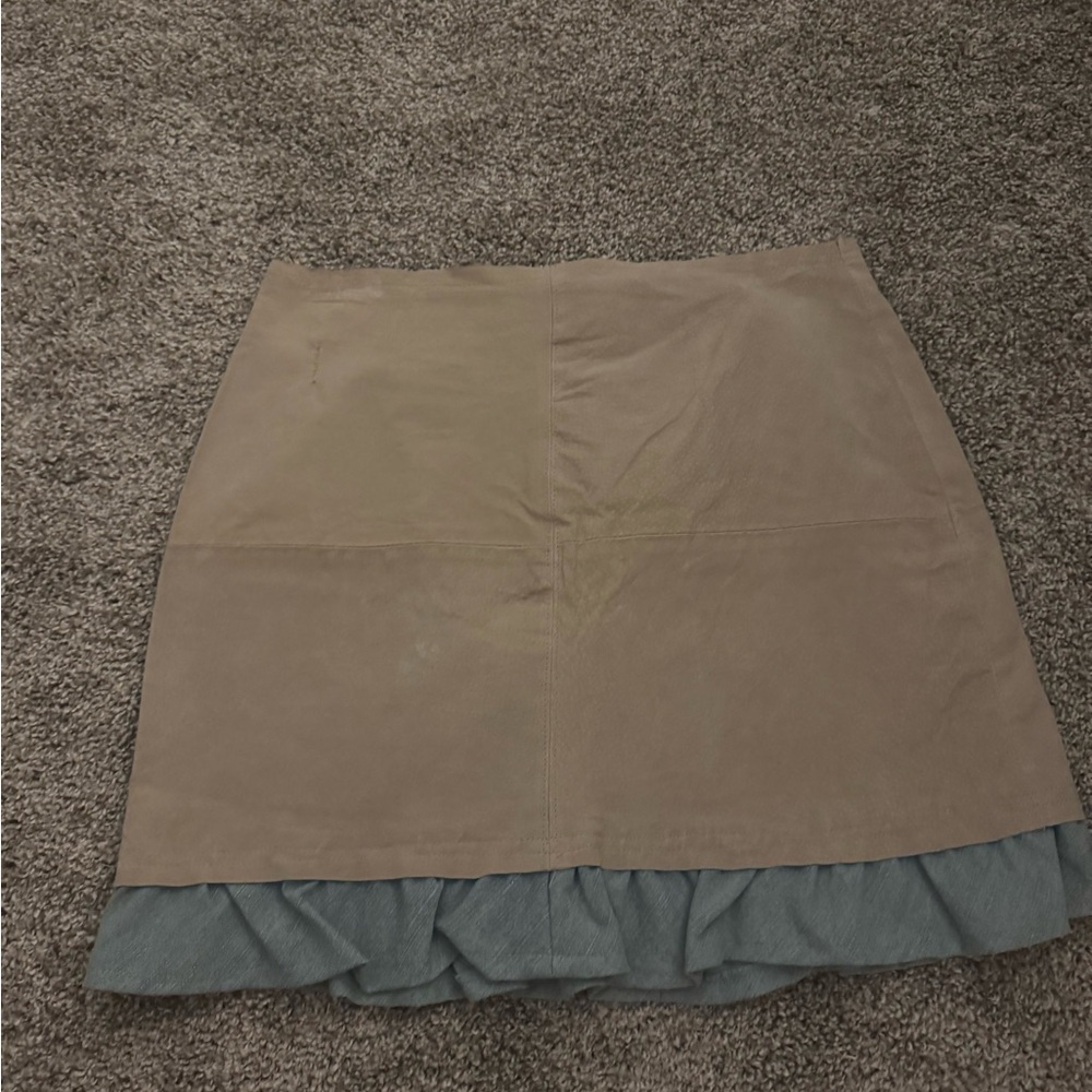 Vintage Leather Outer Edge Tan and Blue Ruffle Mini Skirt Size 7 - Picture 3 of 4
